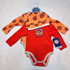 NEW Life Is Good Pumpkin Bodysuits and Hat Set 3-6mo